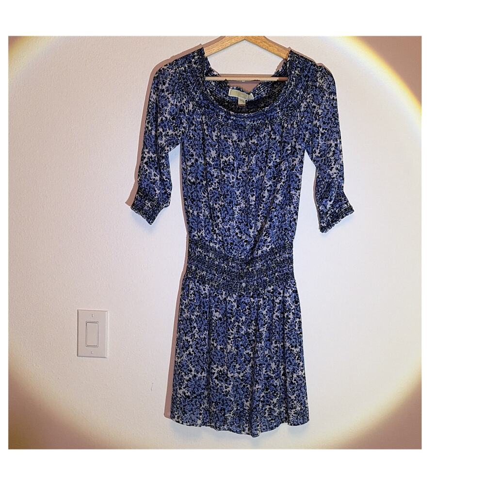 Michael Kors Blue Floral Smocked Ruffle Mini Dress Scoop Neck 3/4 XS